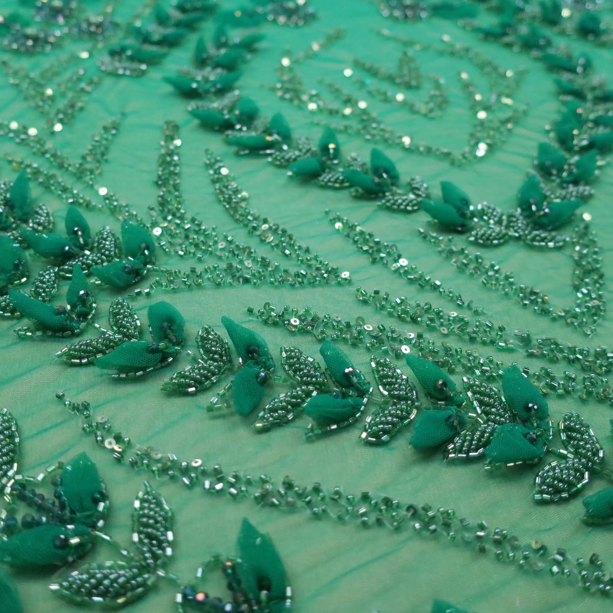 Green Bugle Beads Floral Embroidered Tulle Fabric