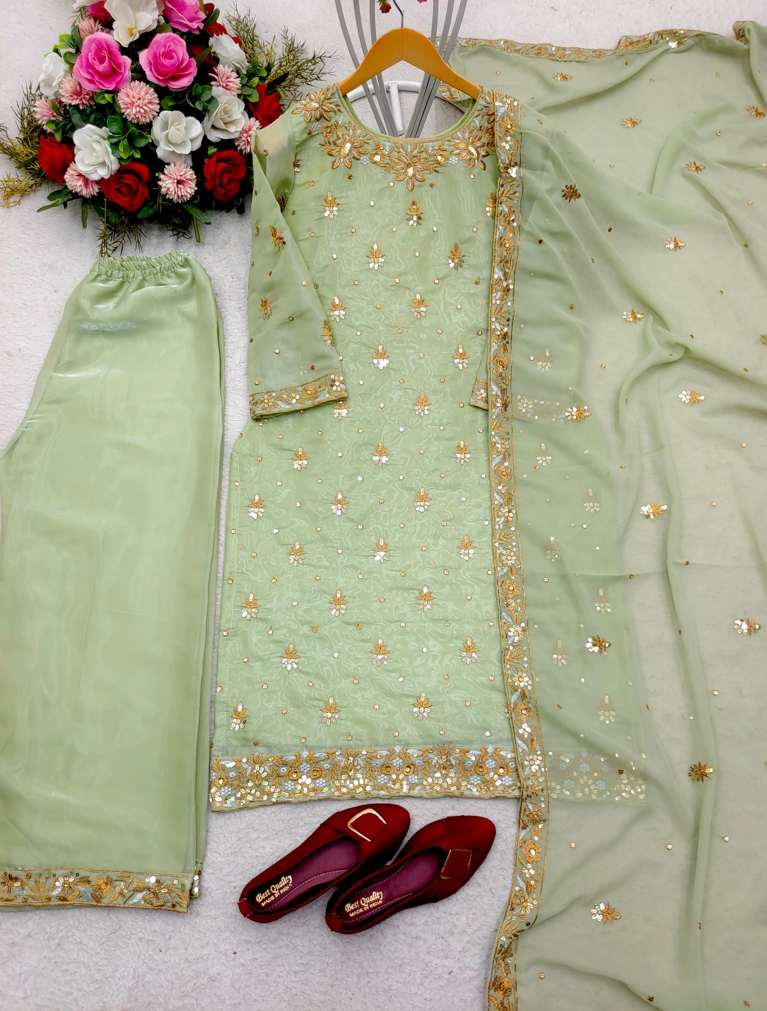 Green Elegant Top-Palazzo With Dupatta Set