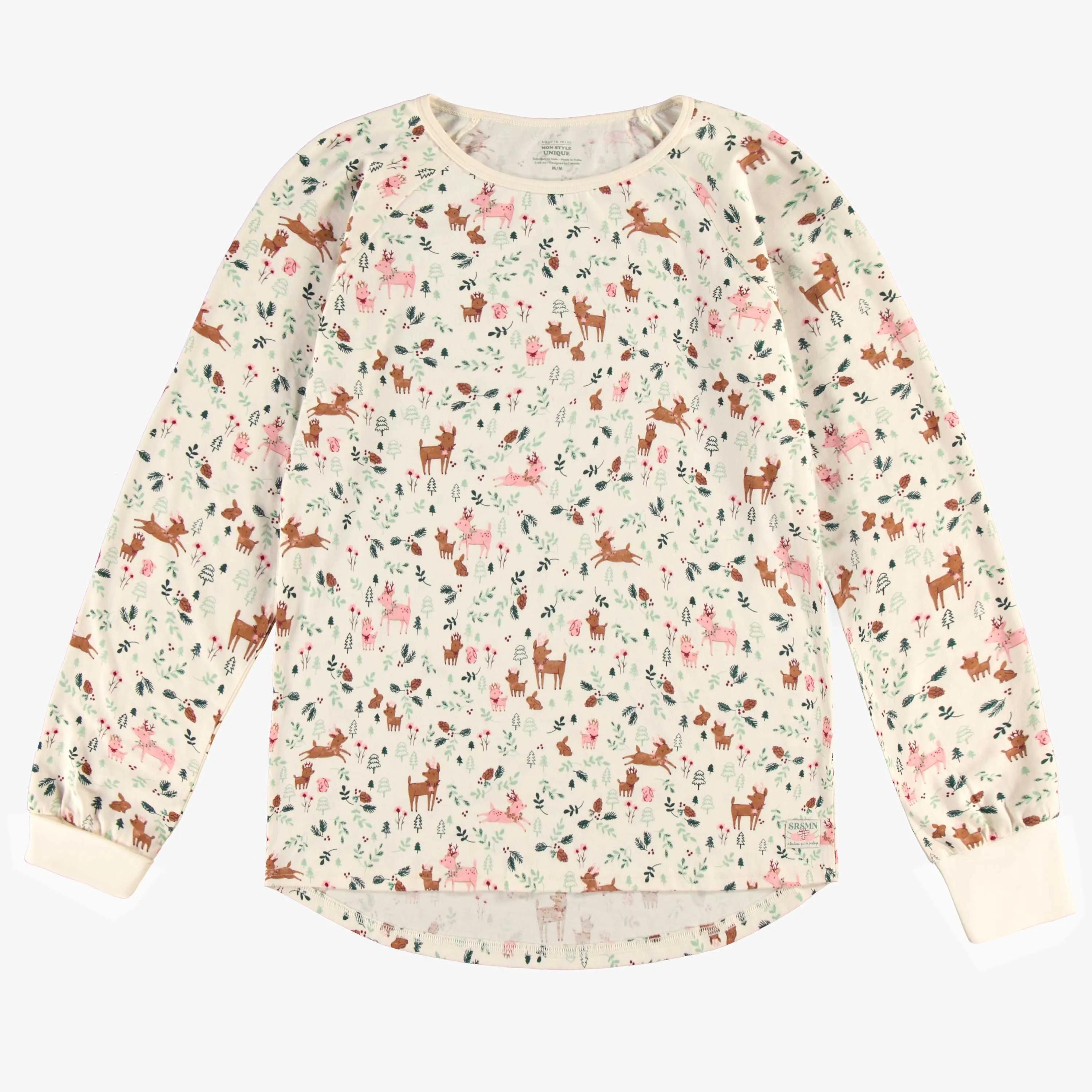 Haut de pyjama des fêtes crème en jersey à motifs de rennes, adulte