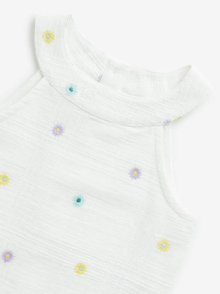 HOP Kids Off-White Floral Embroidered Top