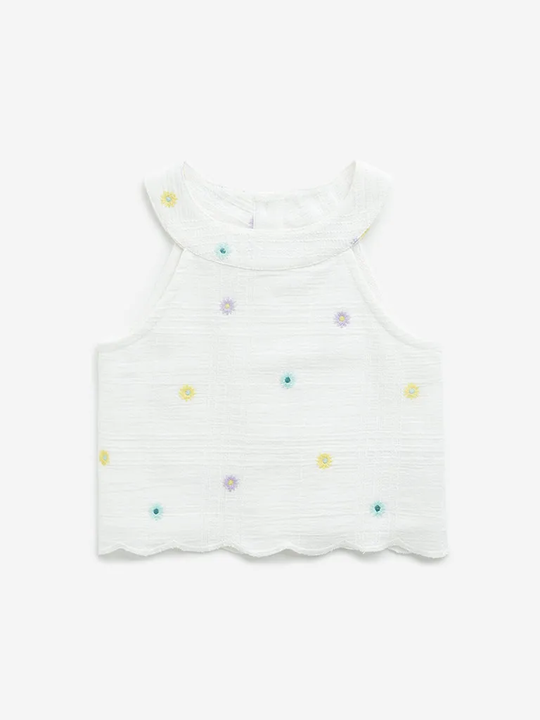 HOP Kids Off-White Floral Embroidered Top