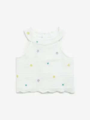HOP Kids Off-White Floral Embroidered Top