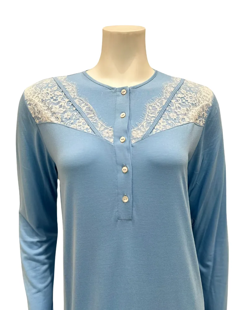Iora Lingerie Marine Blue Lace Fan Design Button Down Modal Nightgown