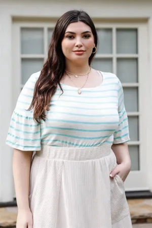 Junior Plus Mint & White Stripe Bell Short Sleeve Top /2-2-2