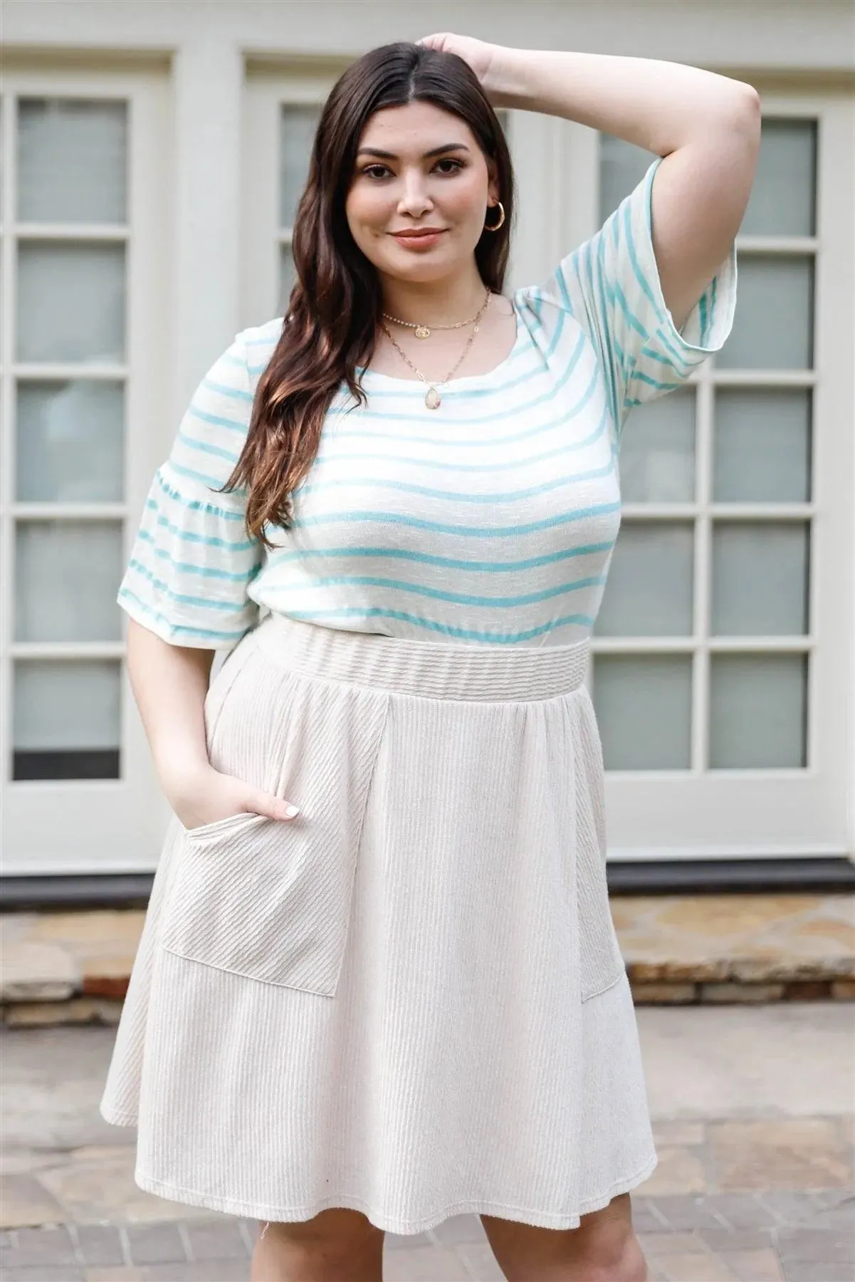 Junior Plus Mint & White Stripe Bell Short Sleeve Top /2-2-2