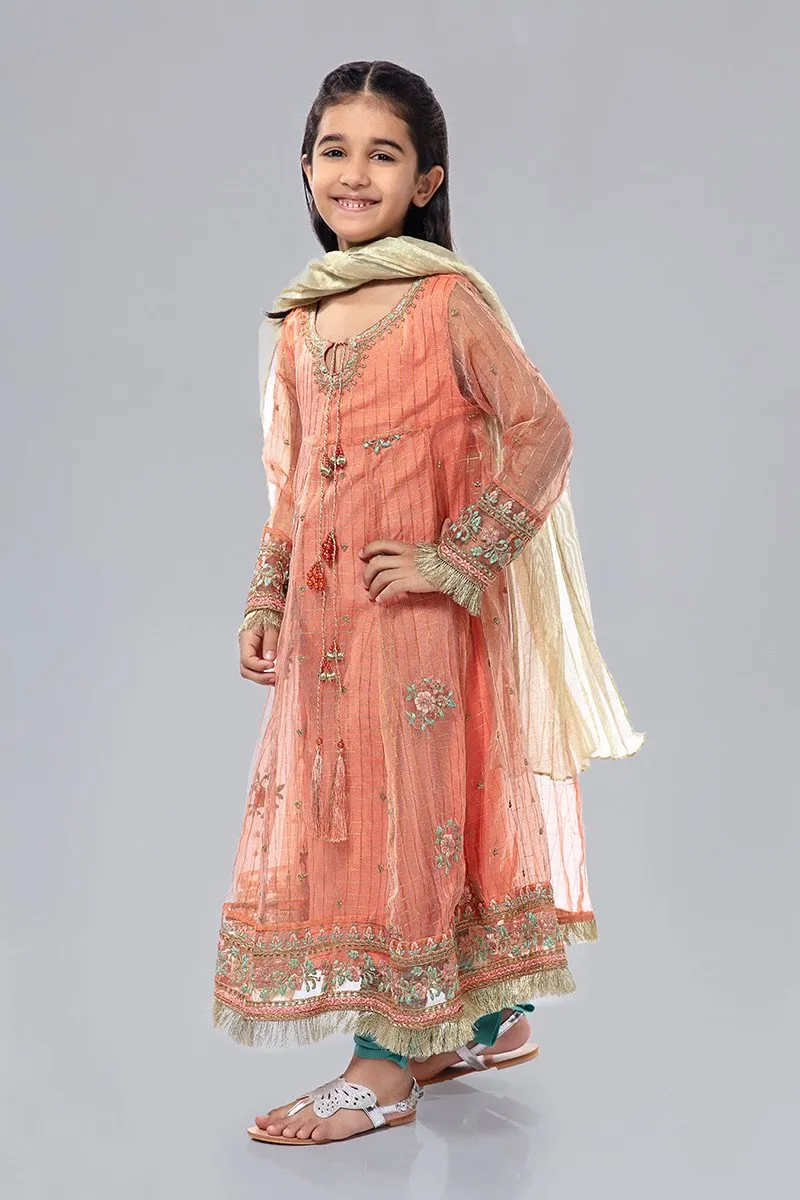 Kids Cotton Net Frock in Peach Color #N9031