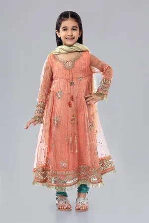 Kids Cotton Net Frock in Peach Color #N9031