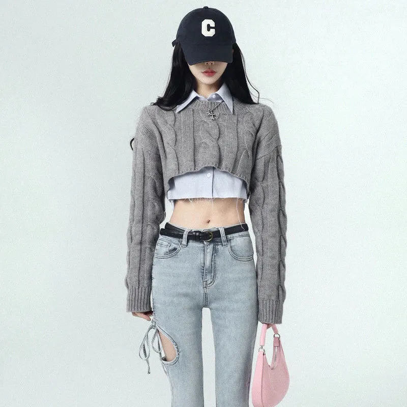 Korean Fashion Cropped Knit Sweater and Shirt Two Piece Set (Gray)