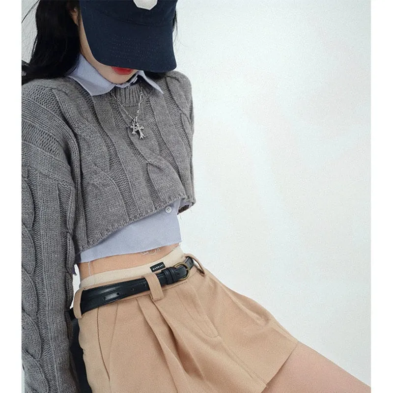 Korean Fashion Cropped Knit Sweater and Shirt Two Piece Set (Gray)