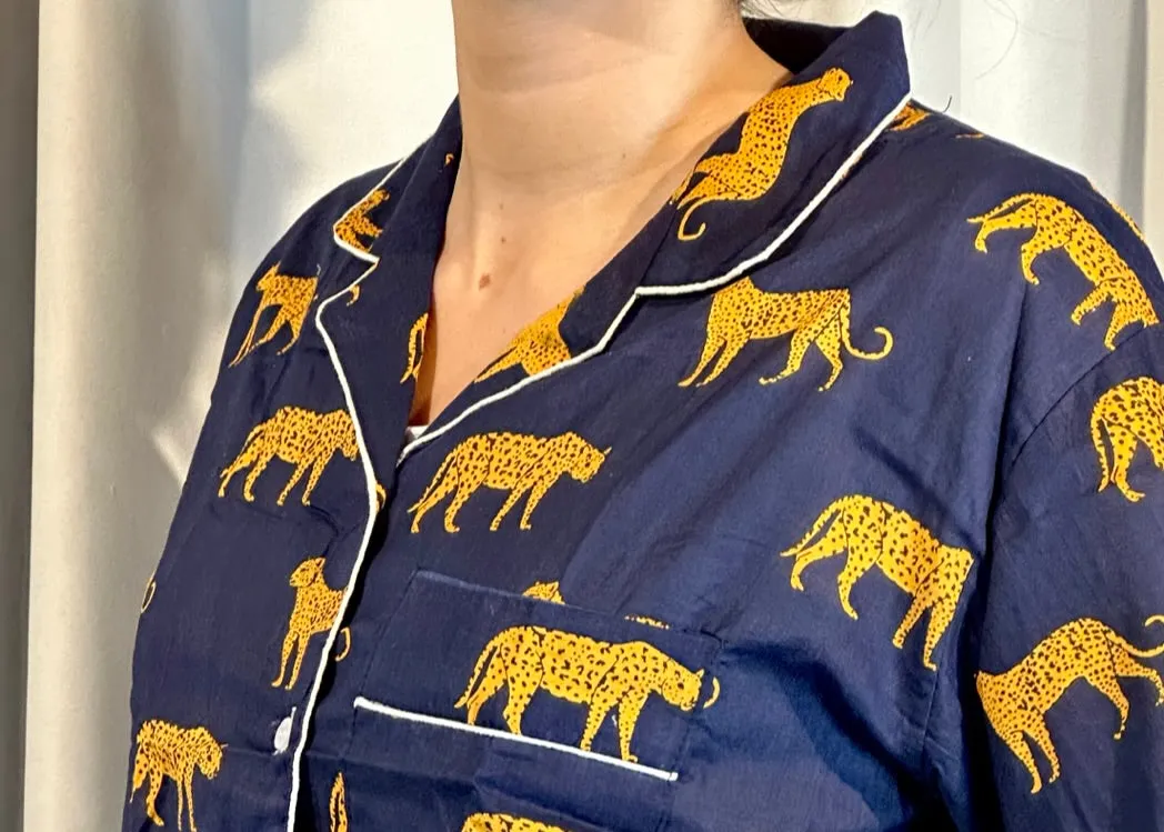 Leopard on the Prowl Pajama Set in Orange and Navy