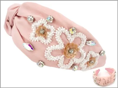 Light Pink with White Seed Bead Flower and Crystal Headband
