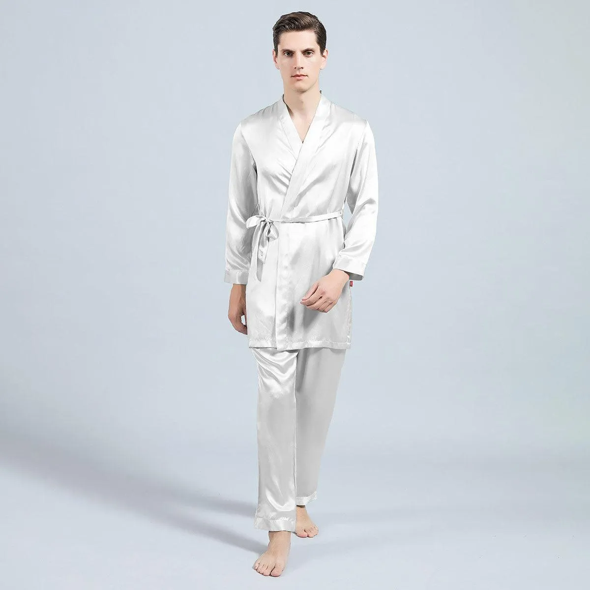 Long Men Silk Pajamas Set with Robe luxury Silk sleepwear