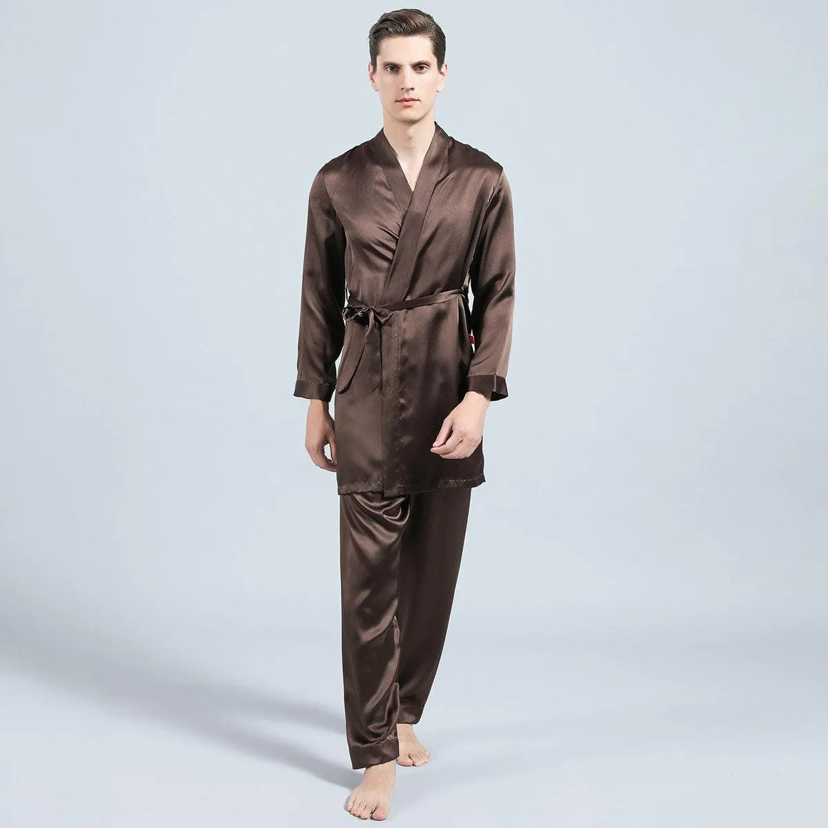 Long Men Silk Pajamas Set with Robe luxury Silk sleepwear