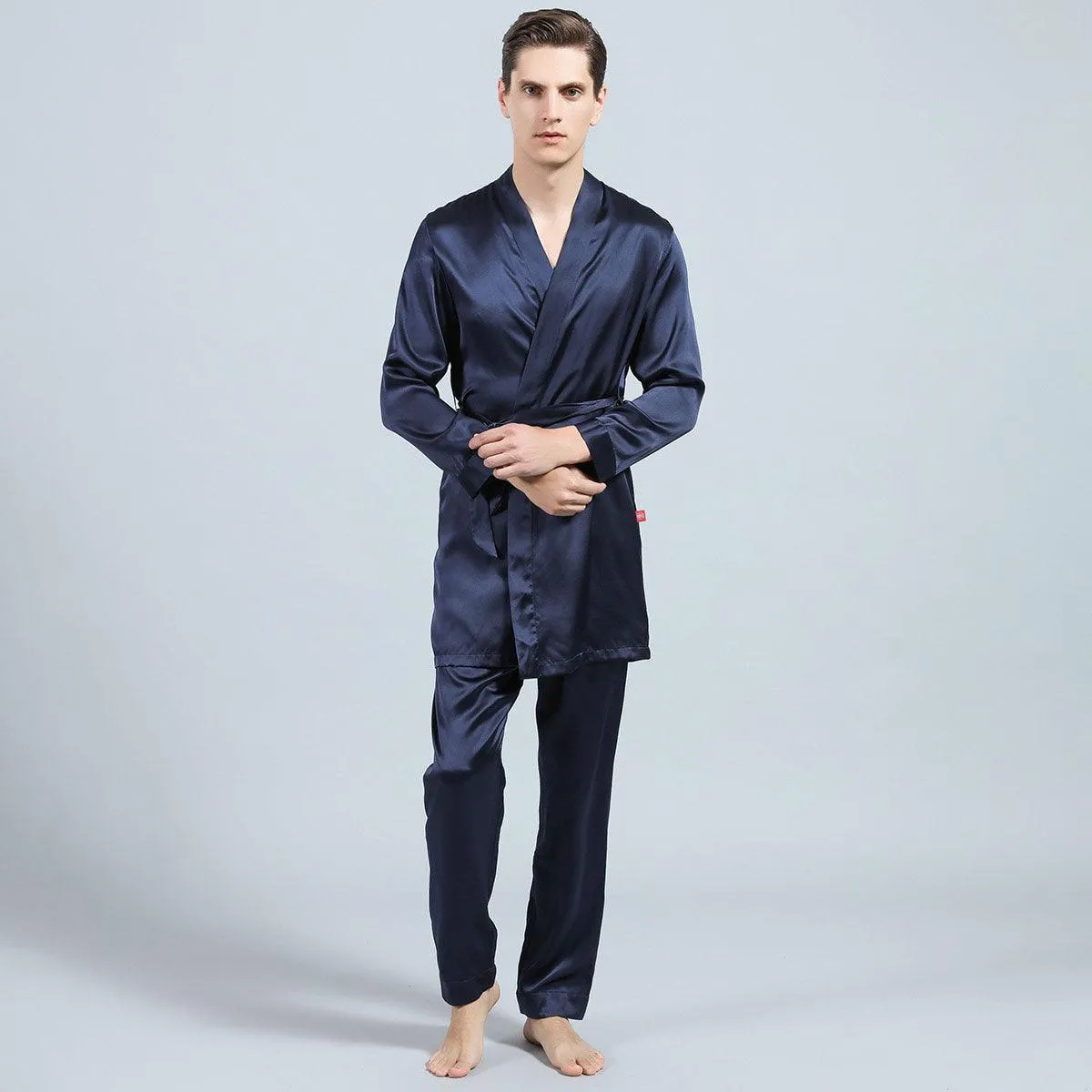 Long Men Silk Pajamas Set with Robe luxury Silk sleepwear