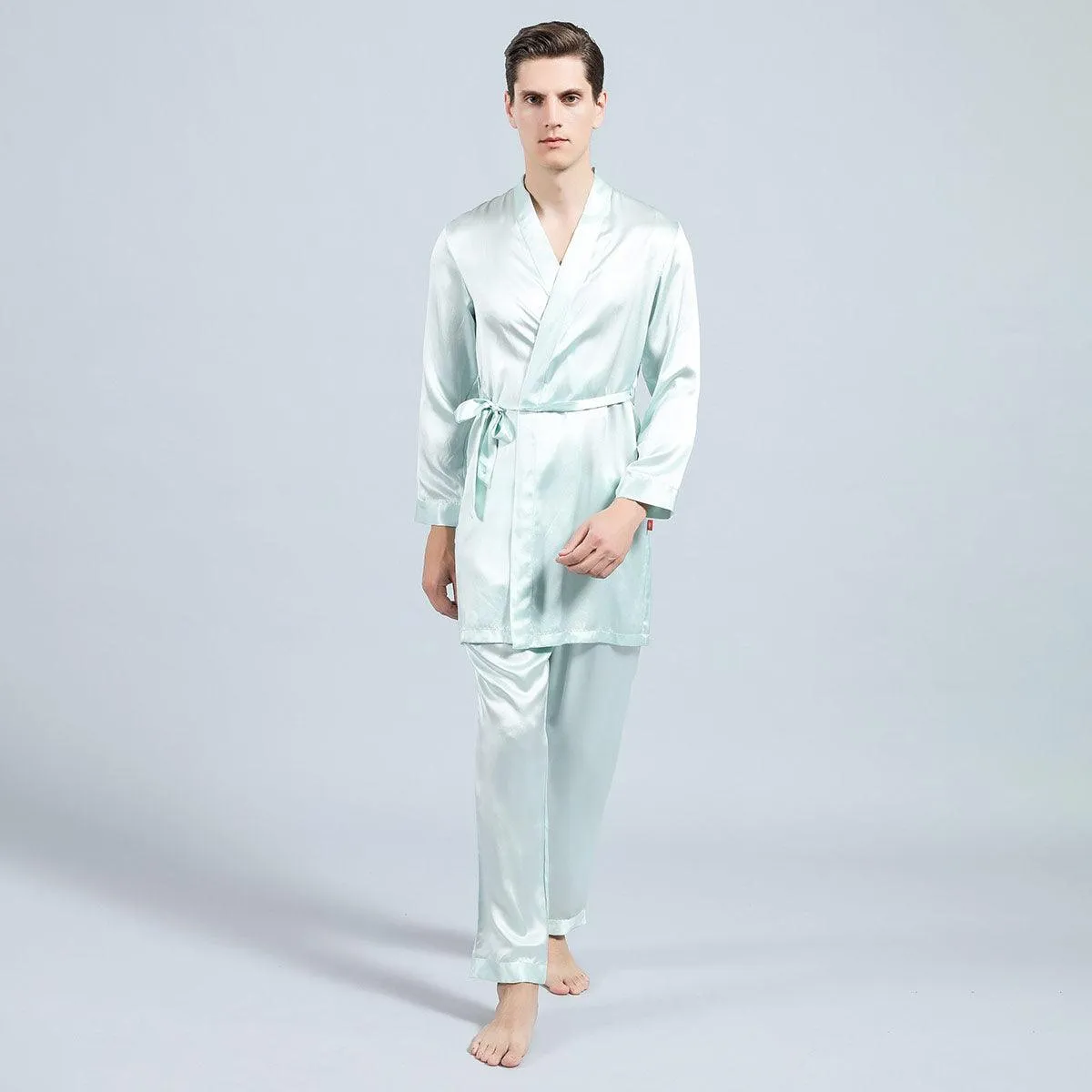 Long Men Silk Pajamas Set with Robe luxury Silk sleepwear