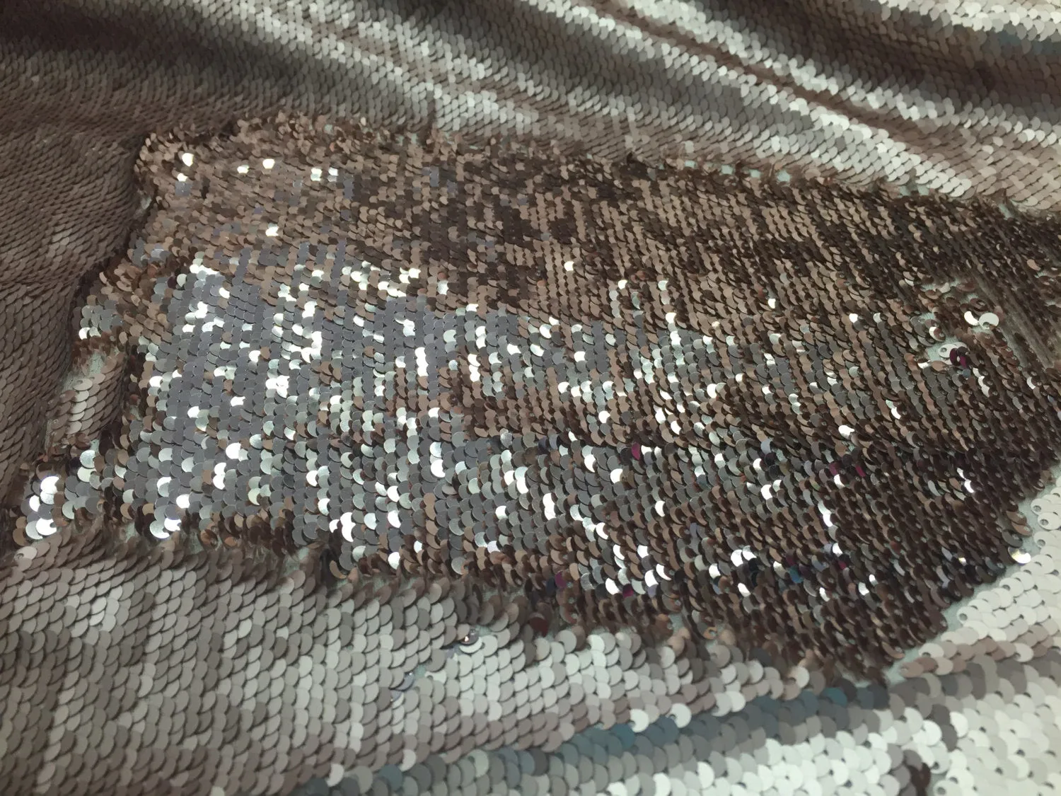 Matt gold/shinny rose gold hologram mermaid fish scales- 2 way stretch lycra- 2 tone flip flop sequins- sold by the yard.