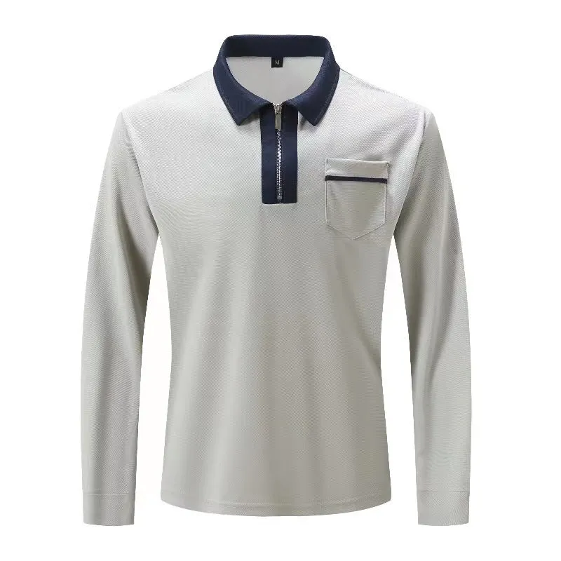 Mens Long Sleeve Zipper Polo Shirts Casual Lapel Collar Zip Up Henley Shirts