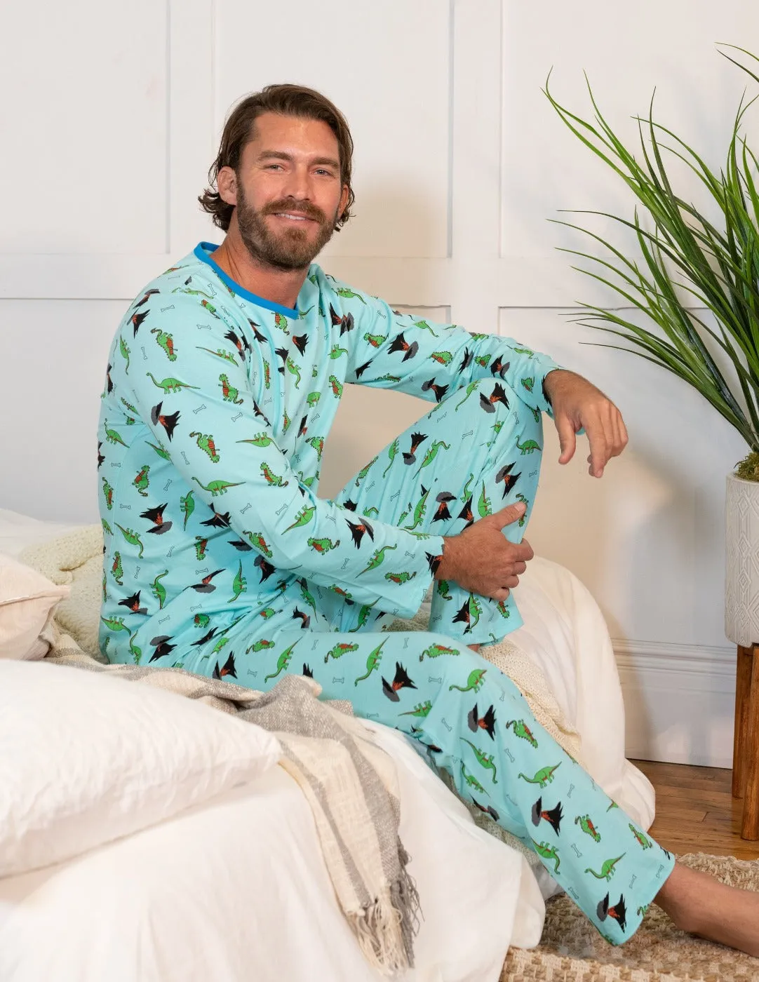 Mens Loose Fit Blue Dinosaur Pajamas