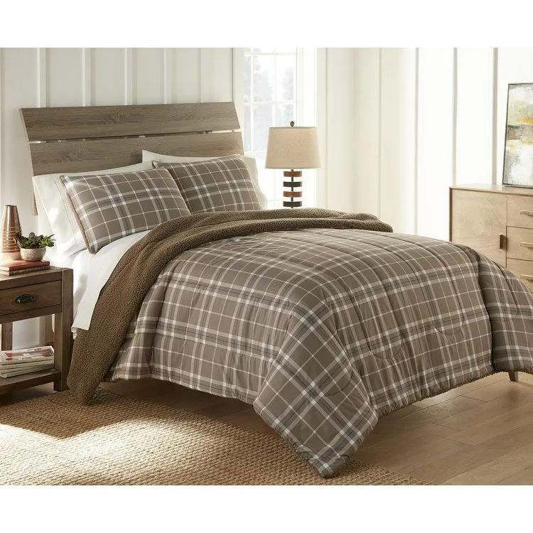 Micro Flannel Reverse to Sherpa Comforter Set - Full/Queen/Carlton Plaid Bark