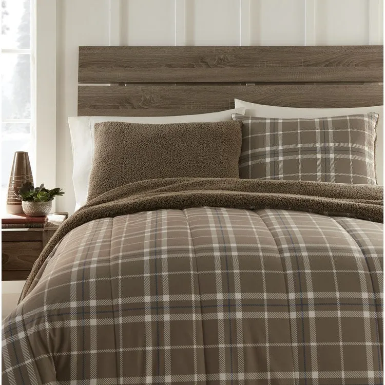 Micro Flannel Reverse to Sherpa Comforter Set - Full/Queen/Carlton Plaid Bark