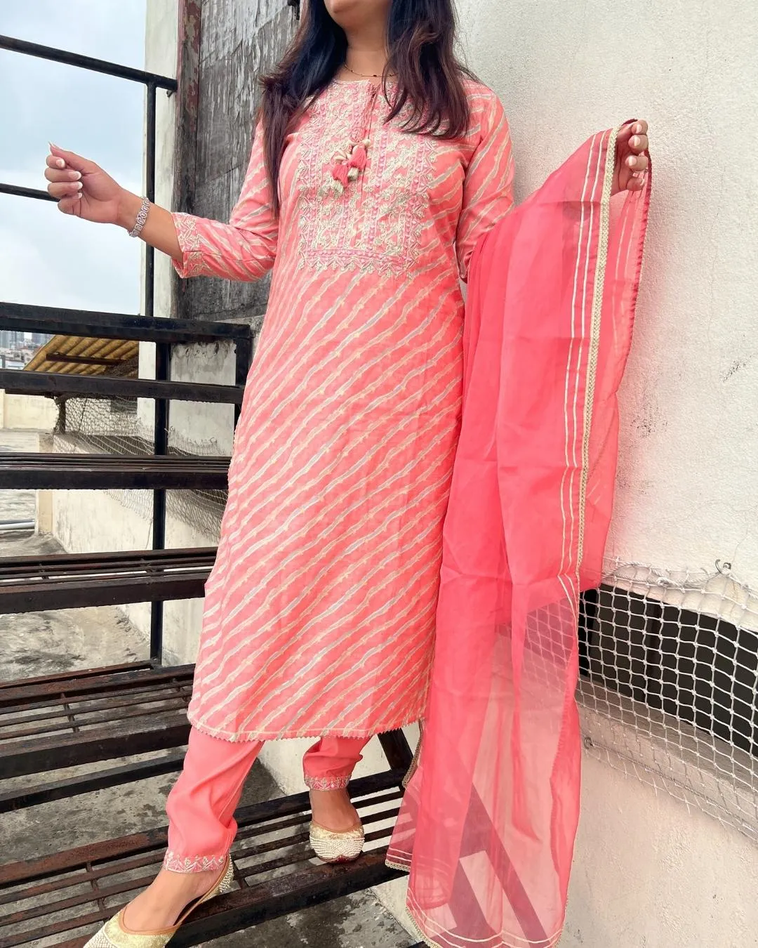 Muslin Leheriya Kurta and Pant Set
