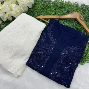 Navy Blue Elegance in Rayon Mukaish Hand-Embroidered Kurti and Free-Size Sharara Set