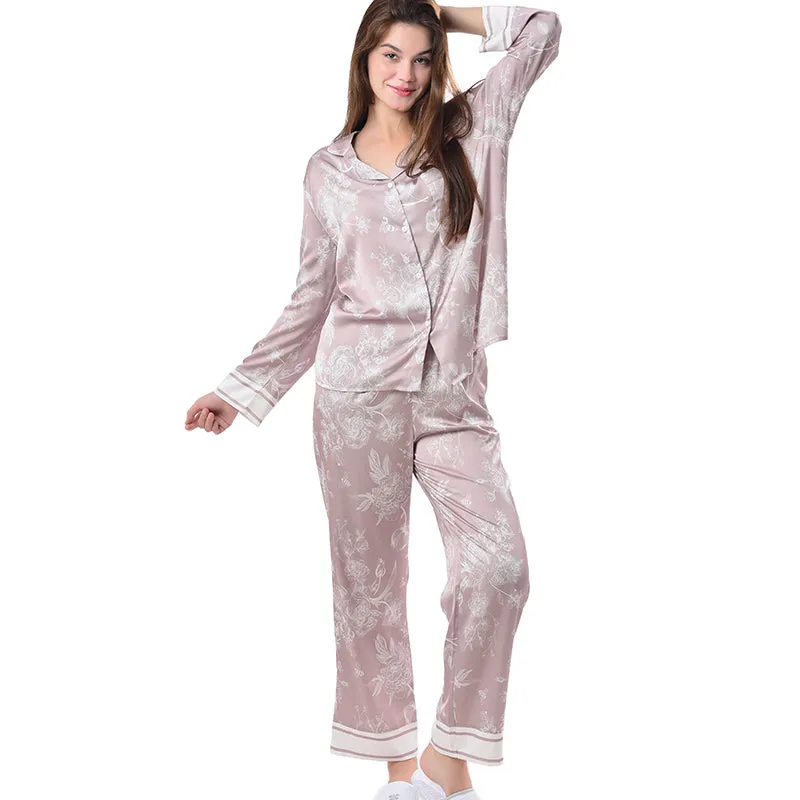 Pajamas Set Long sleeve and Pants Sleepwear Soft and Comfy Button Down Loungewear Relaxed Fit Brown Flowers