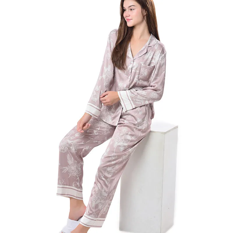 Pajamas Set Long sleeve and Pants Sleepwear Soft and Comfy Button Down Loungewear Relaxed Fit Brown Flowers