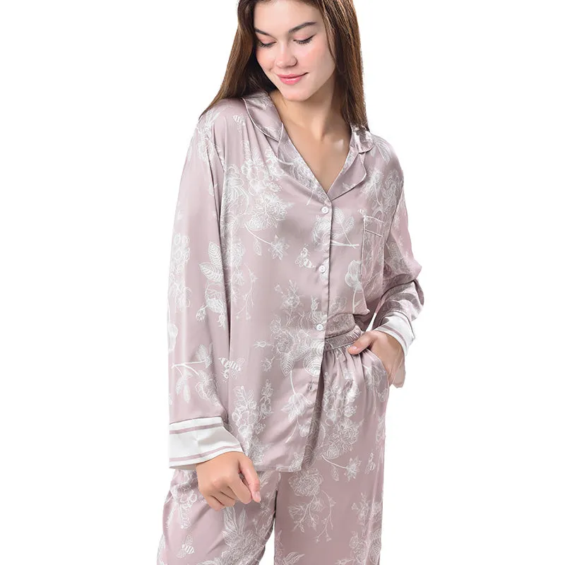 Pajamas Set Long sleeve and Pants Sleepwear Soft and Comfy Button Down Loungewear Relaxed Fit Brown Flowers