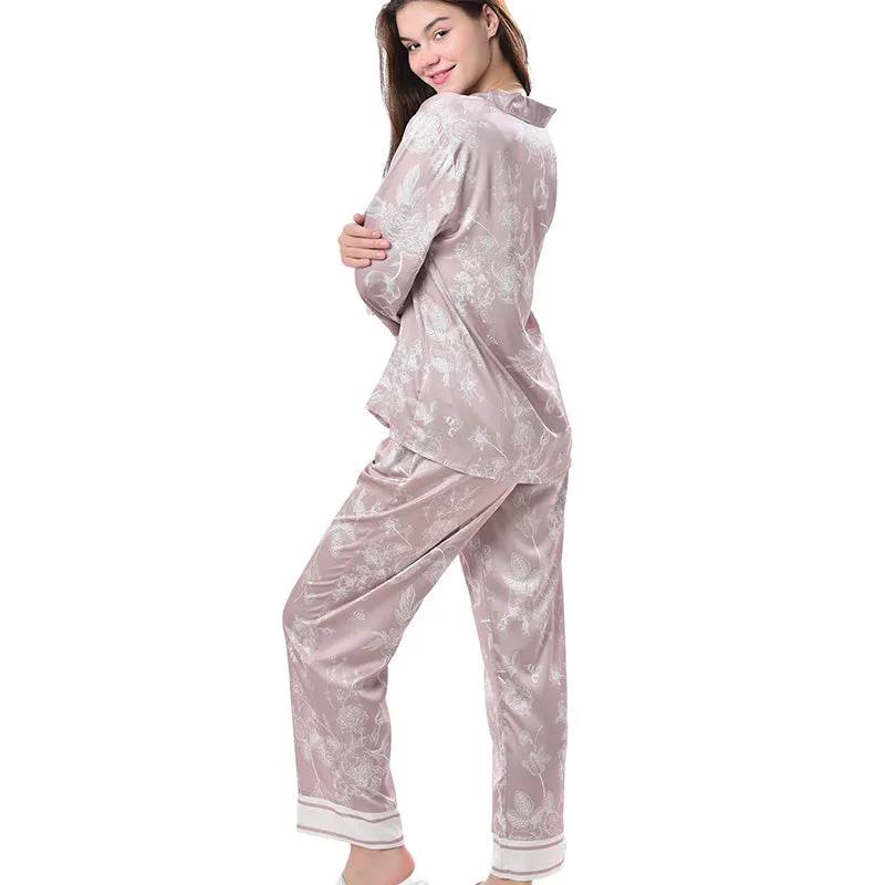 Pajamas Set Long sleeve and Pants Sleepwear Soft and Comfy Button Down Loungewear Relaxed Fit Brown Flowers