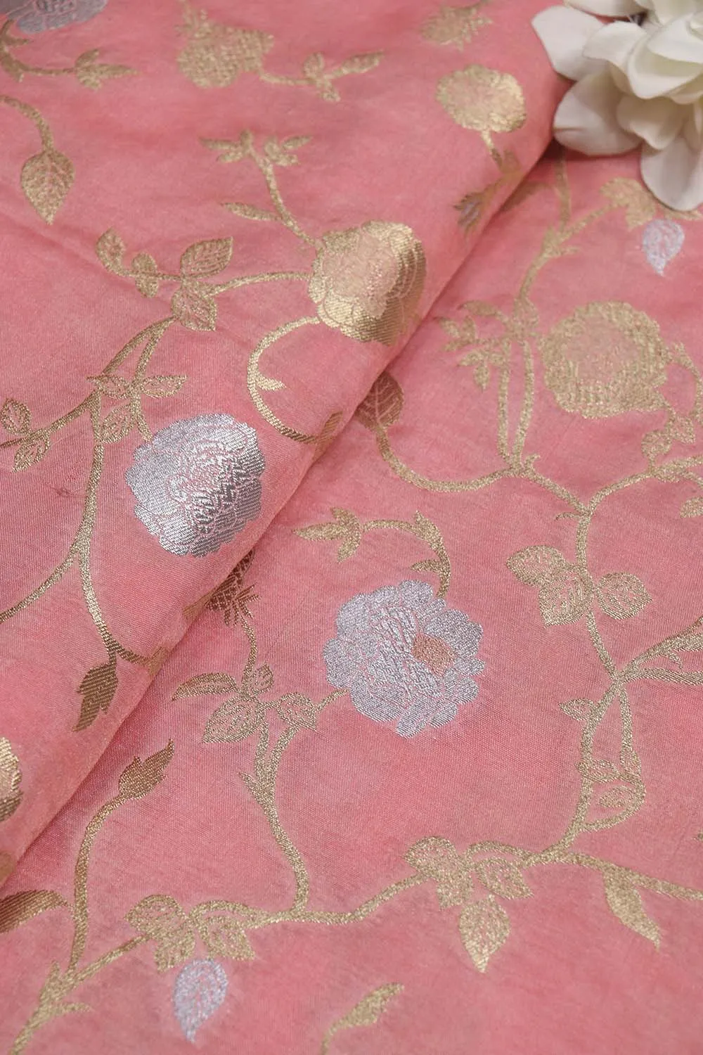 Pink Banarasi Sona Roopa Silk Fabric (1 Mtr): Luxurious Elegance for Your Creations