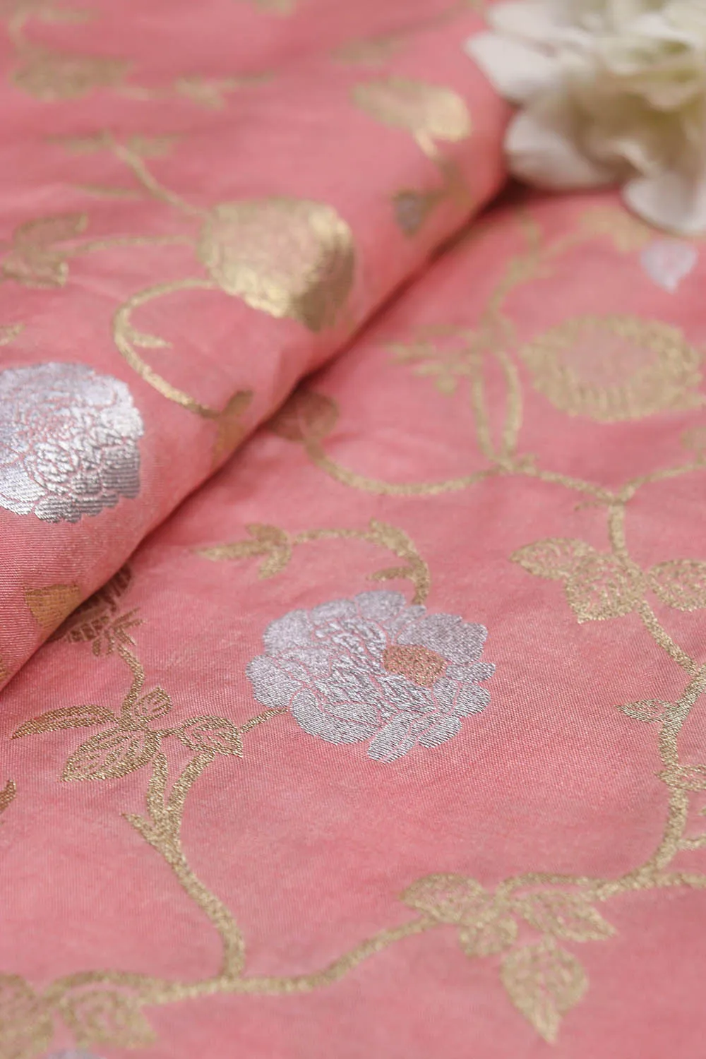 Pink Banarasi Sona Roopa Silk Fabric (1 Mtr): Luxurious Elegance for Your Creations