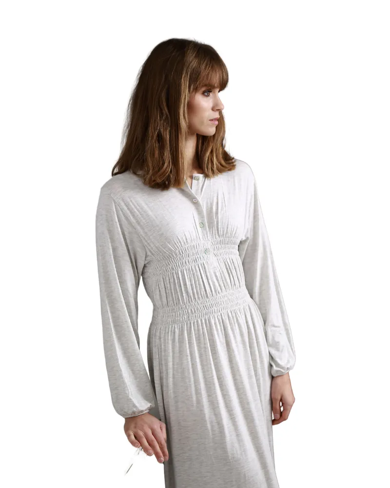 Pippa Morning Grey Smocked Button Down Nightgown