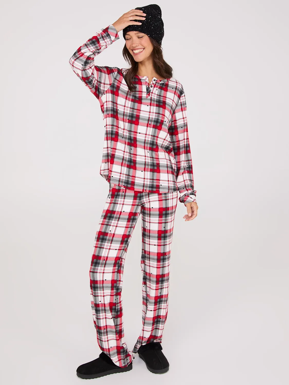 Plaid Print Henley Pajama Set