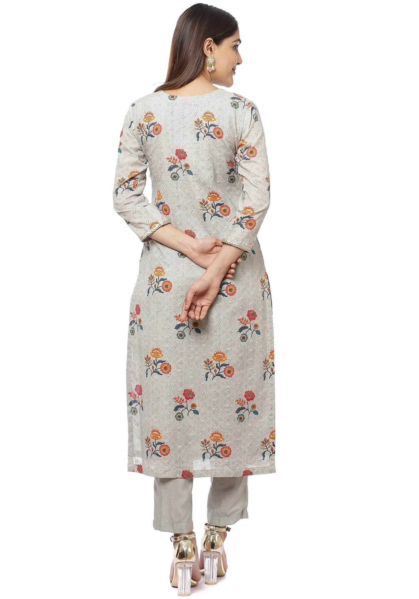 Platinum Gray Floral Kurti with Straight Pants and Pink Mothra Dupatta