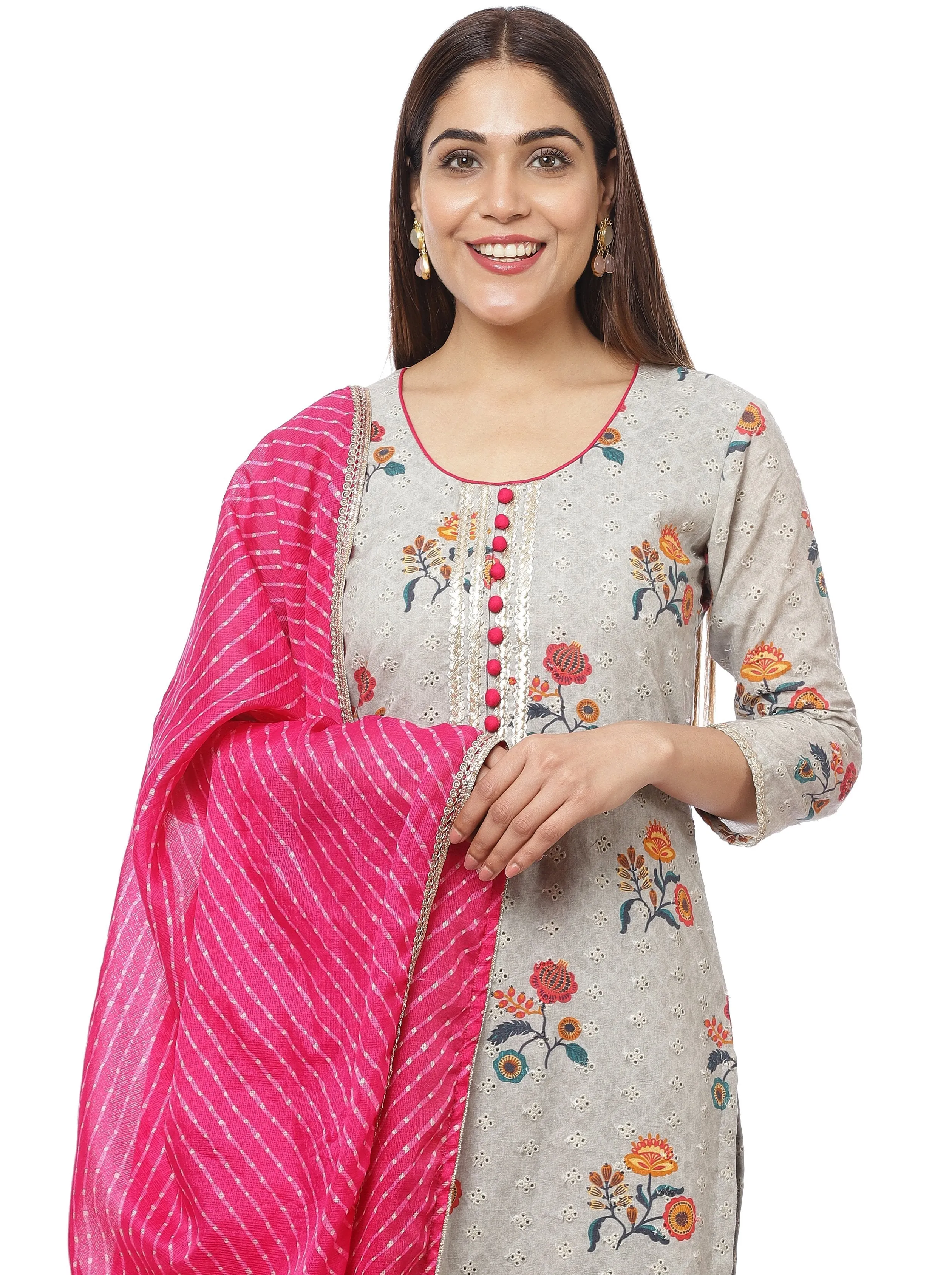 Platinum Gray Floral Kurti with Straight Pants and Pink Mothra Dupatta