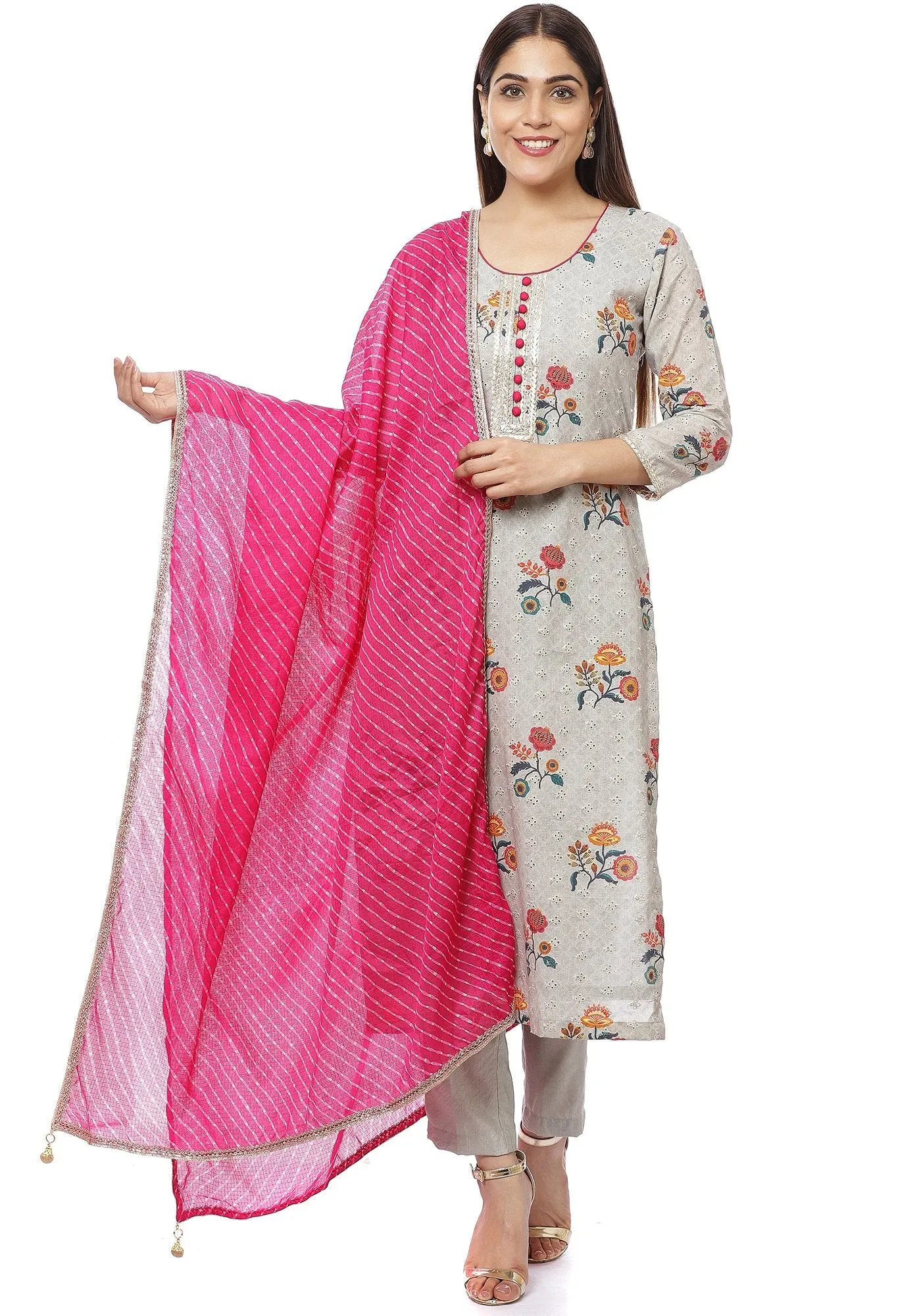 Platinum Gray Floral Kurti with Straight Pants and Pink Mothra Dupatta