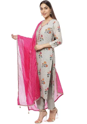Platinum Gray Floral Kurti with Straight Pants and Pink Mothra Dupatta