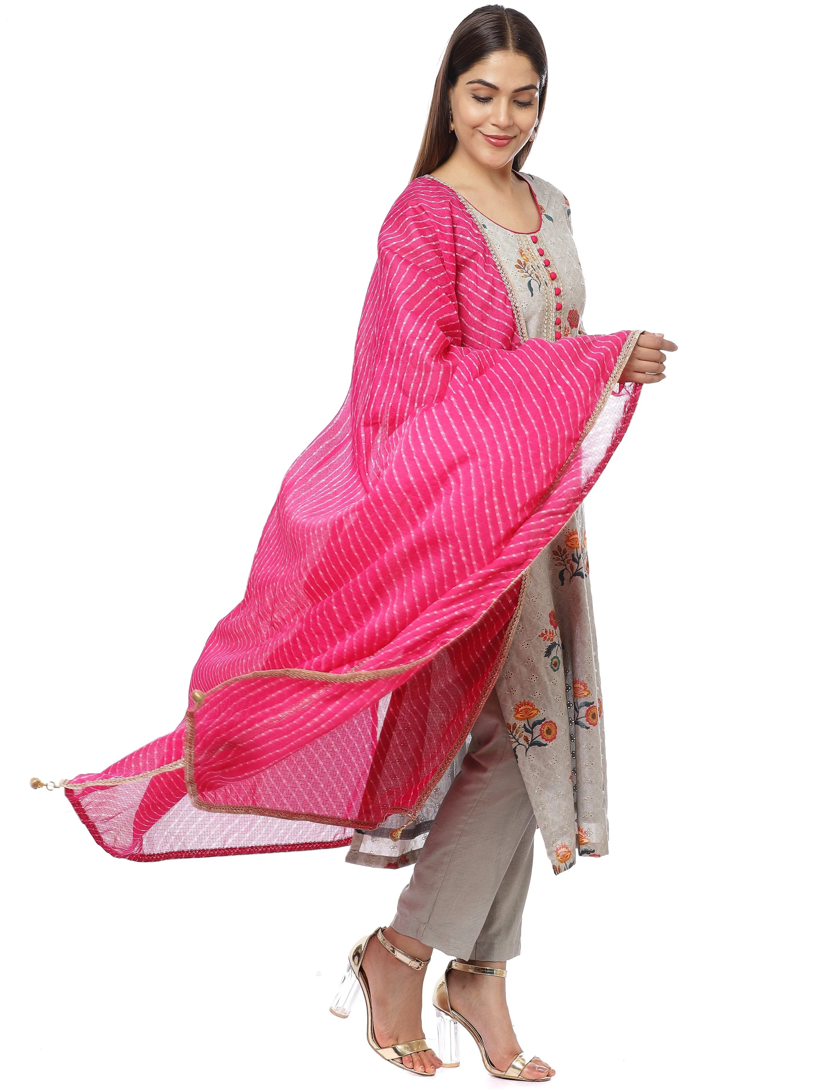 Platinum Gray Floral Kurti with Straight Pants and Pink Mothra Dupatta