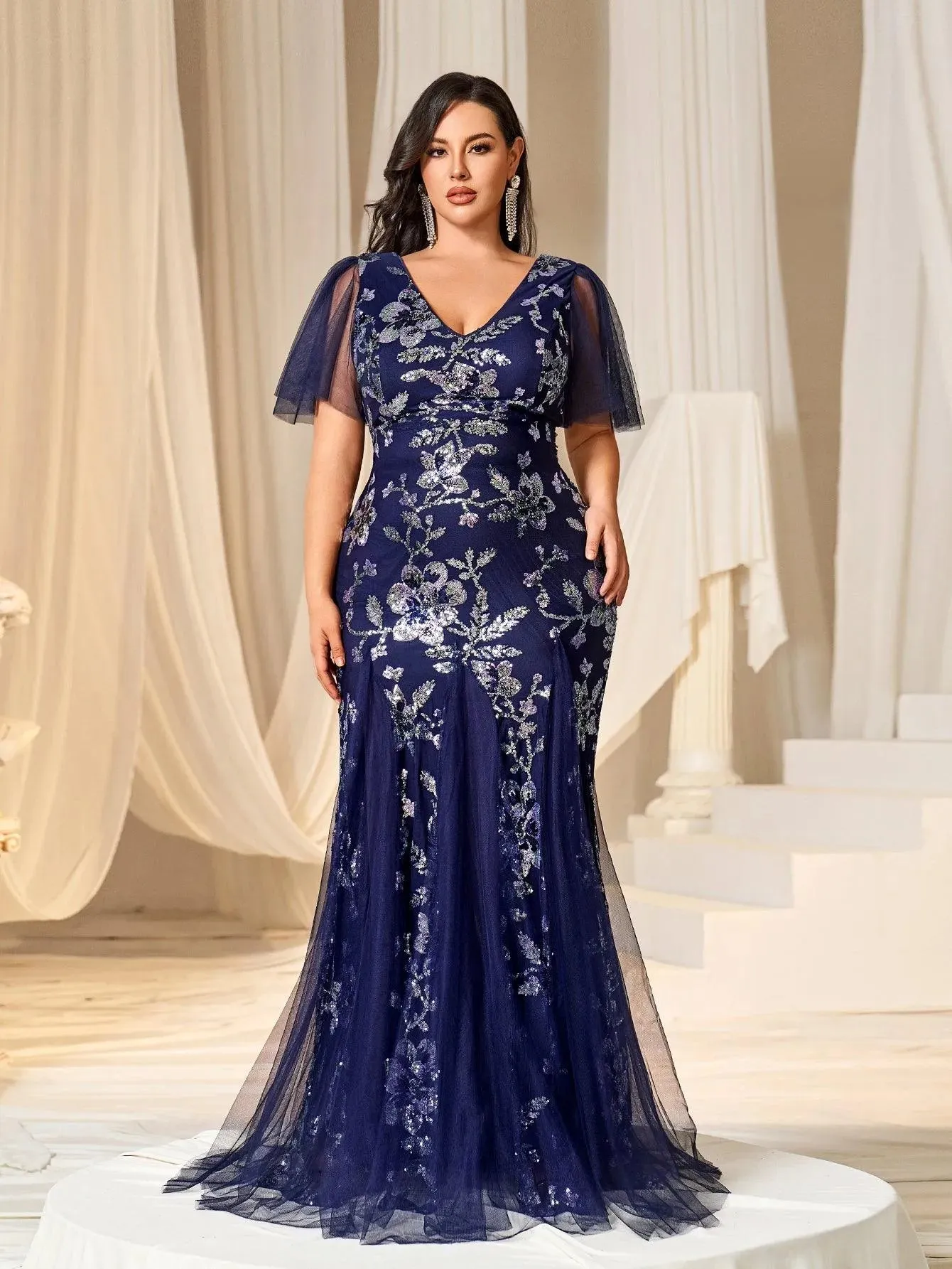 Plus Floral Whispers Sequin Mermaid Dress