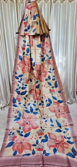 Pure Bishnupuri Tussar Silk Saree with Special Hand-Painted Design and Blouse Piece in peach