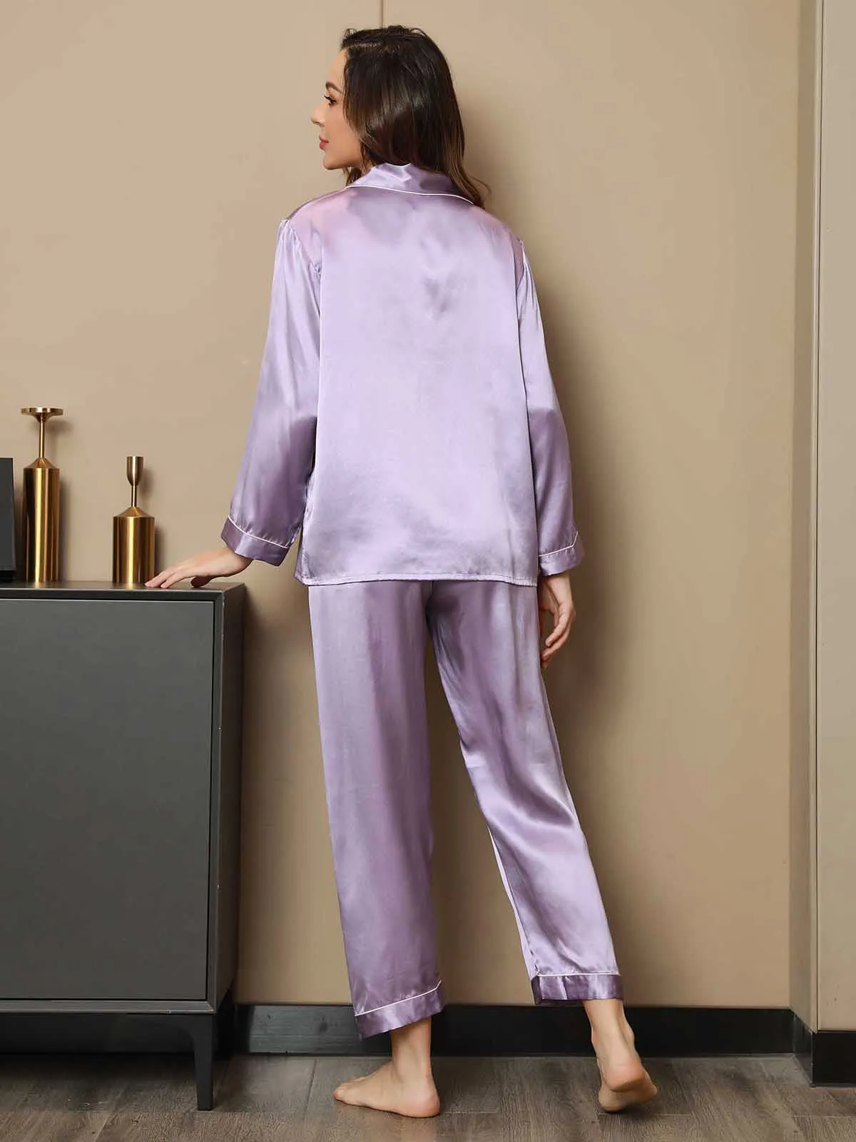 Pure Silk Binding Trim Pajamas Set 2Pcs