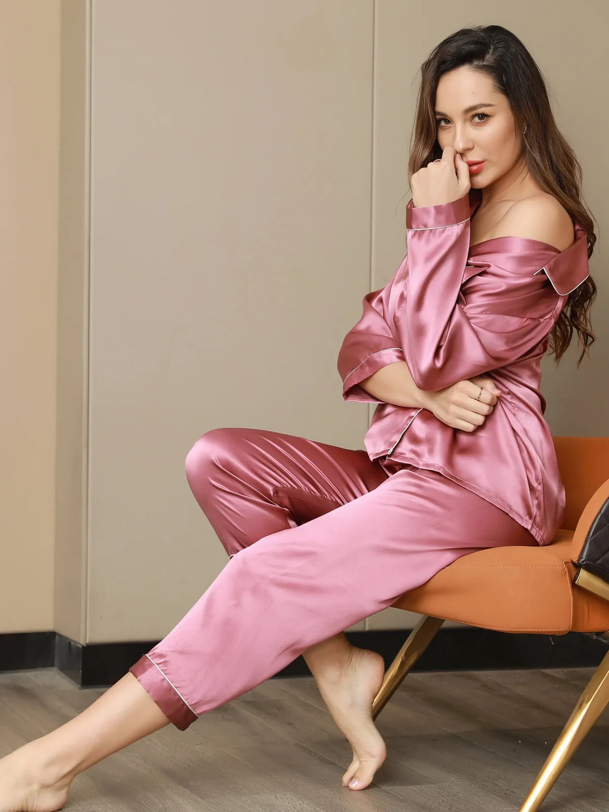 Pure Silk Binding Trim Pajamas Set 2Pcs