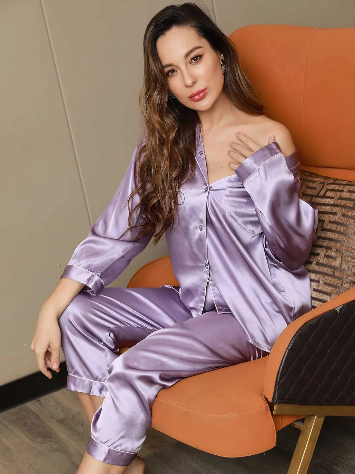 Pure Silk Binding Trim Pajamas Set 2Pcs