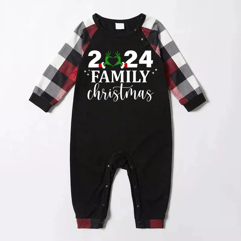 "2024 Family Christmas" Quirky Heart Letter Print Red & Black & Grey & White Plaid Family Matching Pajamas