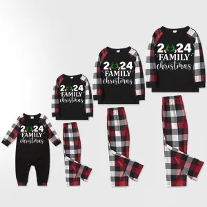 "2024 Family Christmas" Quirky Heart Letter Print Red & Black & Grey & White Plaid Family Matching Pajamas