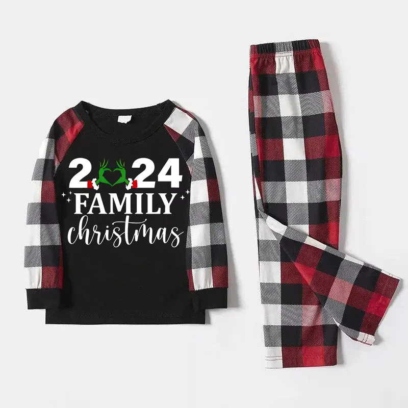 "2024 Family Christmas" Quirky Heart Letter Print Red & Black & Grey & White Plaid Family Matching Pajamas