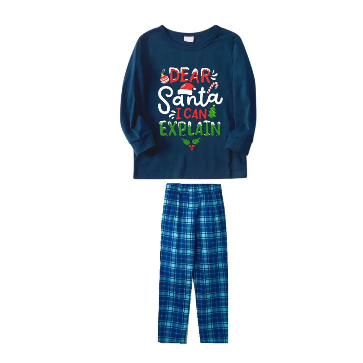 "Dear Santa I can Explain" Slogan Printed Blue Plaid Family Matching Pajamas