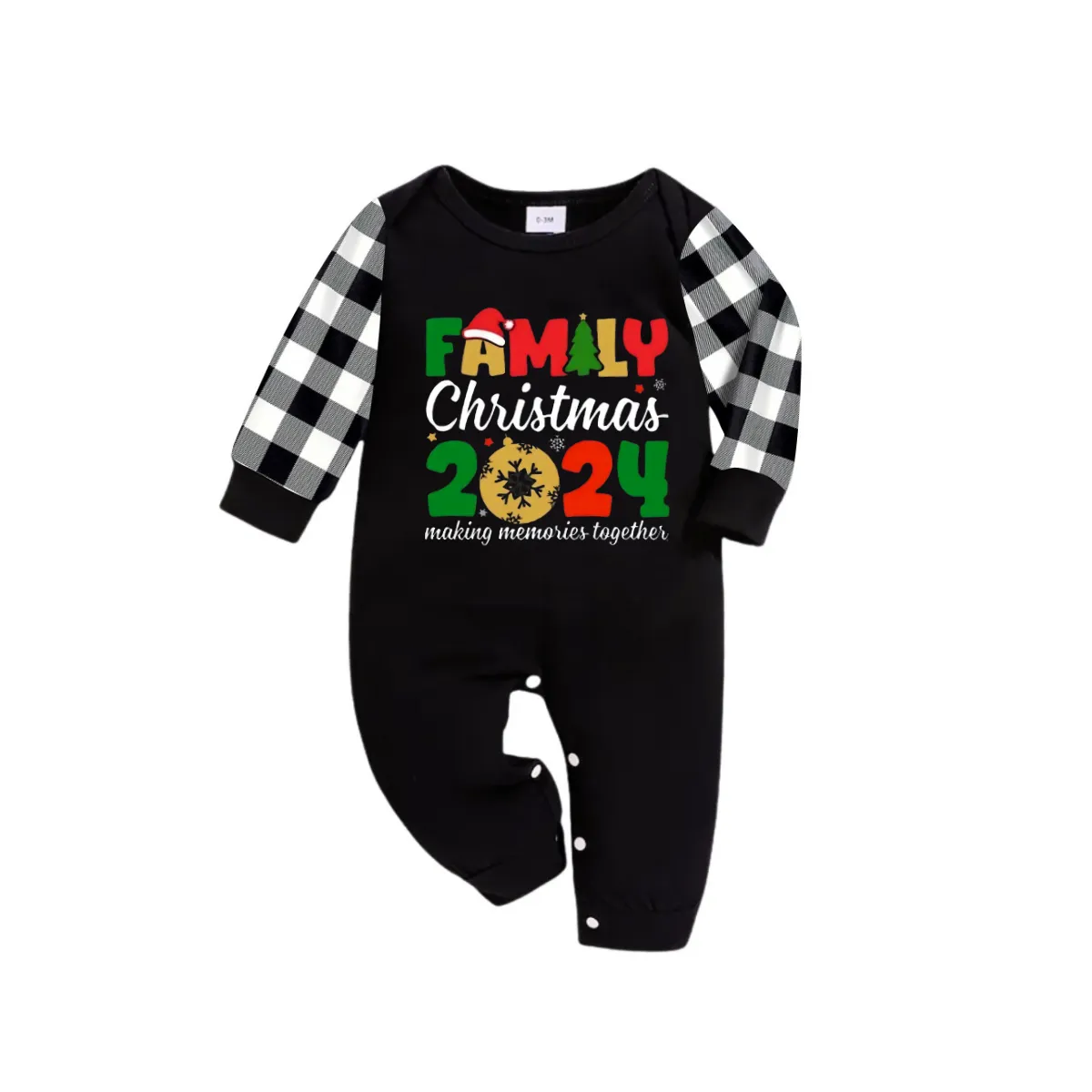 "Family Christmas 2024" Cute Text and Santa Hat Prints Black Long Sleeve Top with Black And White Plaid Pants Family Matching Pajamas