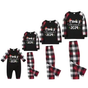 "FAMILY CHRISTMAS 2024" Text And Santa Hat & Snowflake Printed Pattern - Black Top with Red&Black&White Plaid Sleeves - Family Matching Pajamas